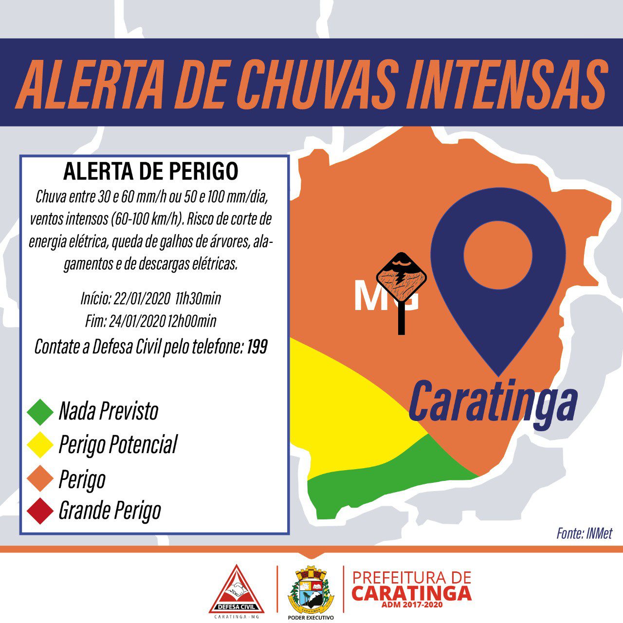 Alerta laranja para chuvas intensas em Caratinga e região