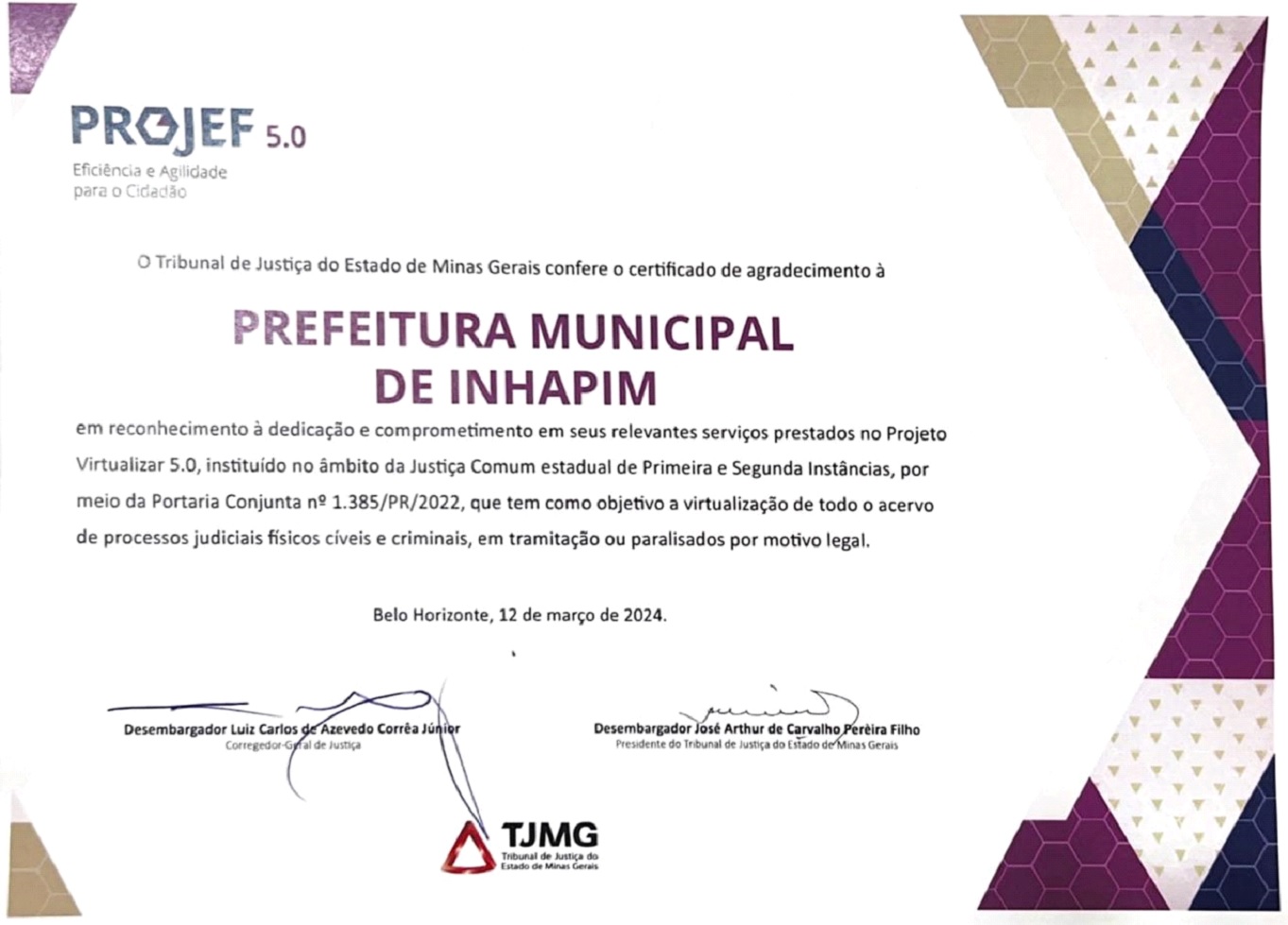 TJMG confere certificado de agradecimento a Prefeitura de Inhapim